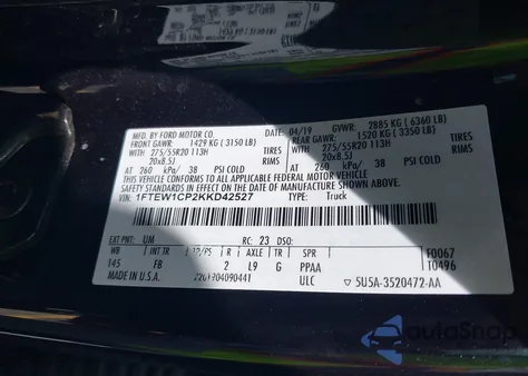 2019 Ford F-150 Xlt из США, поврежденный, VIN 1FTEW1CP2KKD42527